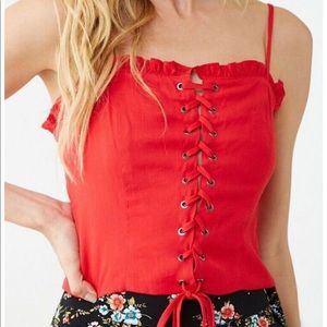 Red Lace-Up Cropped Cami